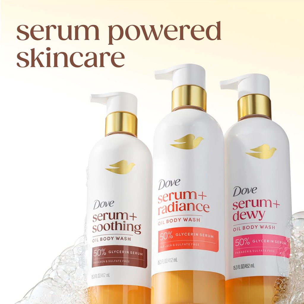 Dove Serum+ Shower Oil Body Wash Dewy, Coconut & Geranium Oil, 15.3 Fl Oz I Hydrating Shower Oil Body Wash With Glycerin Serum For Soft, Dewy Skin Without Greasy Residue