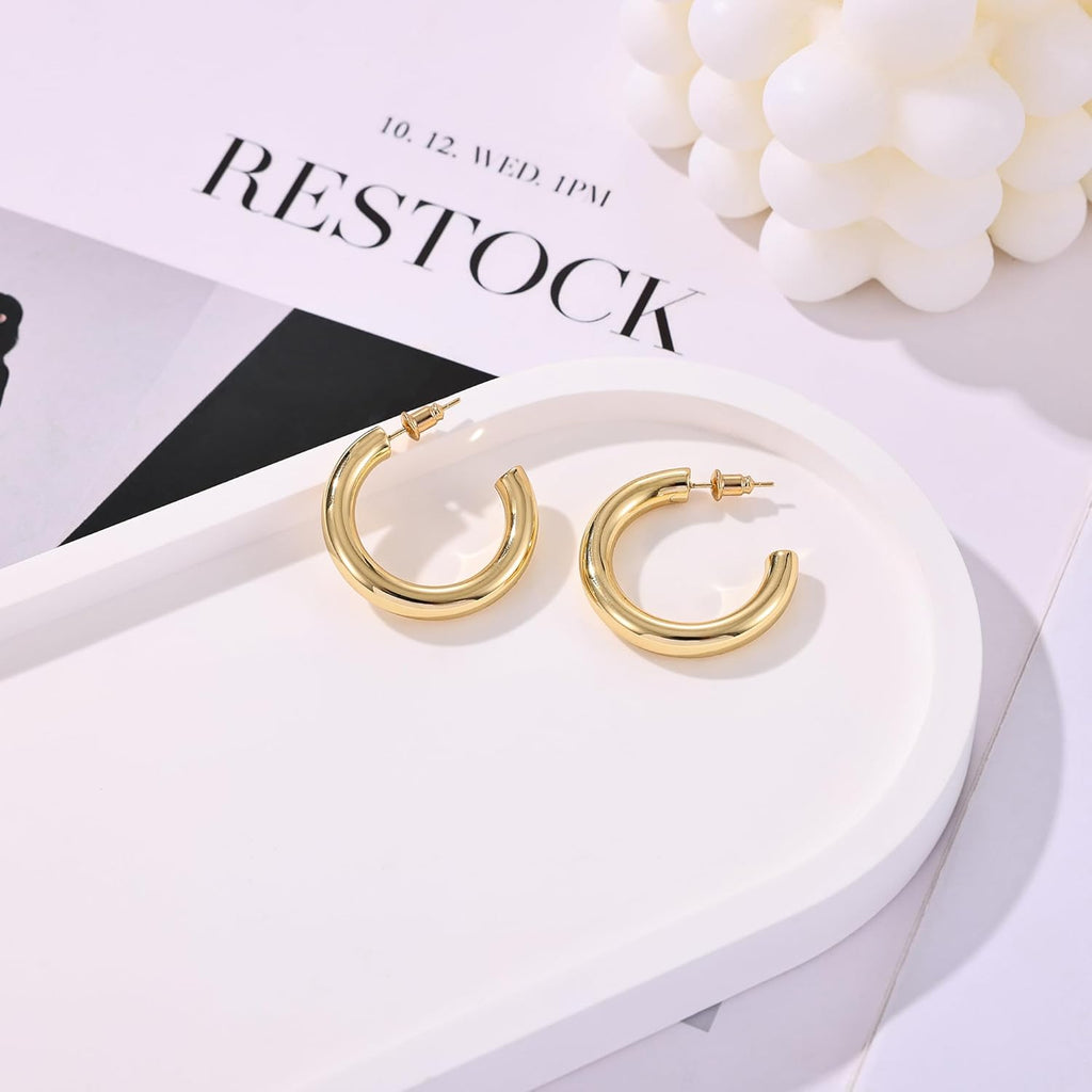 Gacimy Chunky Hoop Earrings for Women 14K Gold Plated, 925 Sterling Silver Post Hoops for Women