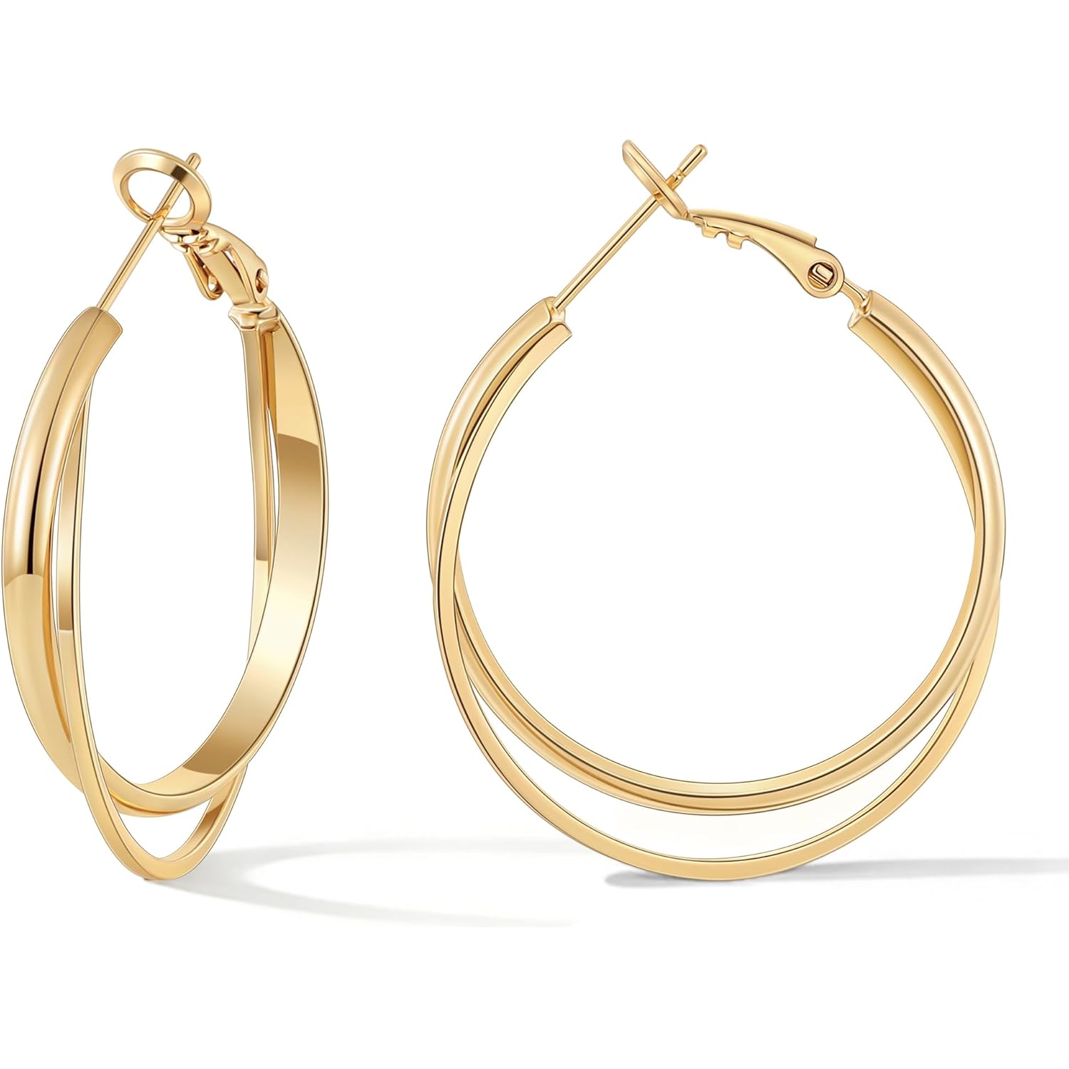 Gacimy 14K Gold Plated Criss Cross Hoop Earrings for Women, 3mm Wide Double Layer Flat Crossover Hoops, Lightweight X-Shape Statement Earrings