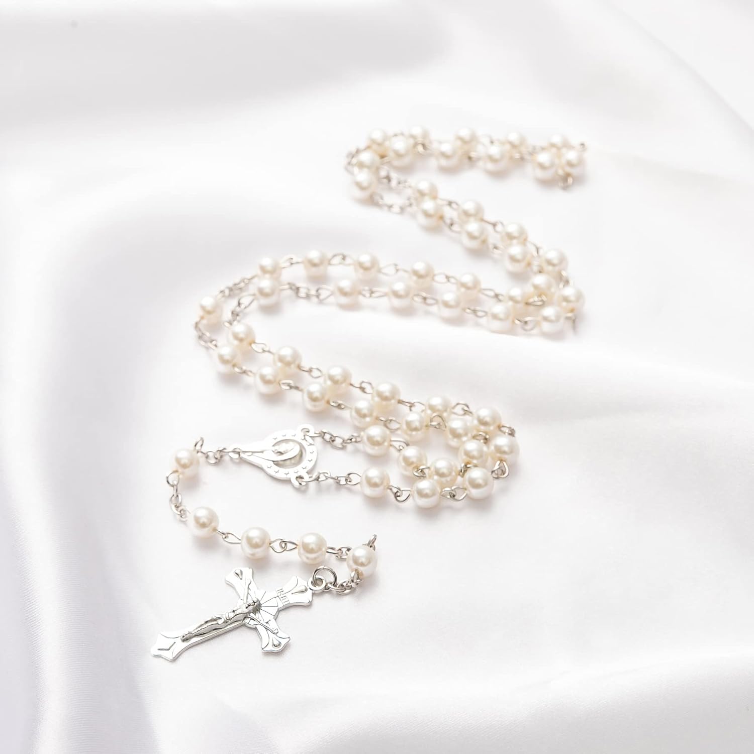 Rosary Beads Catholic - Confirmation Gifts for Teenage Girl, Silver Simple Style Metal Gift Box, White Artificial Pearls Rosary, Gifts for Women