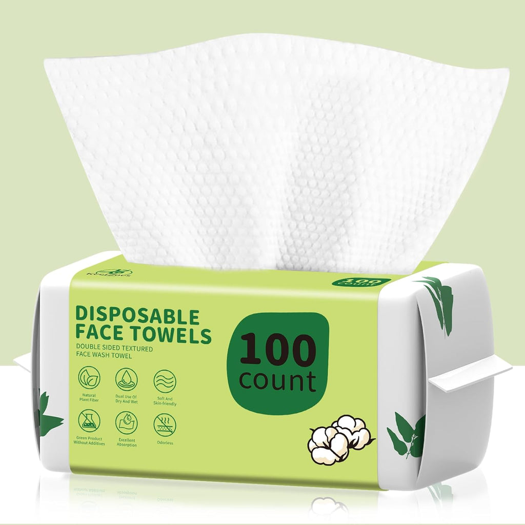 Disposable Face Towels 100 Count, Biodegradable Ultra Soft & Thick Facial Towels For Sensitive Skin, Lint-Free Makeup Remover Dry Wipes, Multi-Purpose Cleansing Towelettes For Face Wipes, Skincare