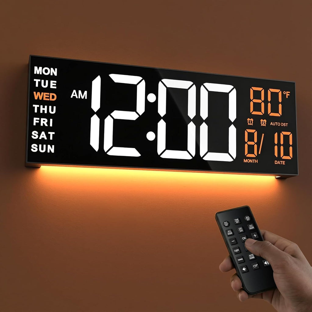Jall 16" Large Digital Wall Clock With Remote, Big Led For Seniors, Auto Dimming, 8 Rgb Colors, Night Light, Count Down Timer, Alarm, Dst, Temperature For Living Room, Back To School Classroom