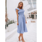 Womens Summer Smocked Midi Dress Casual Flutter Sleeve Long Boho Flowy A Line Church Modest Dresses With Pockets