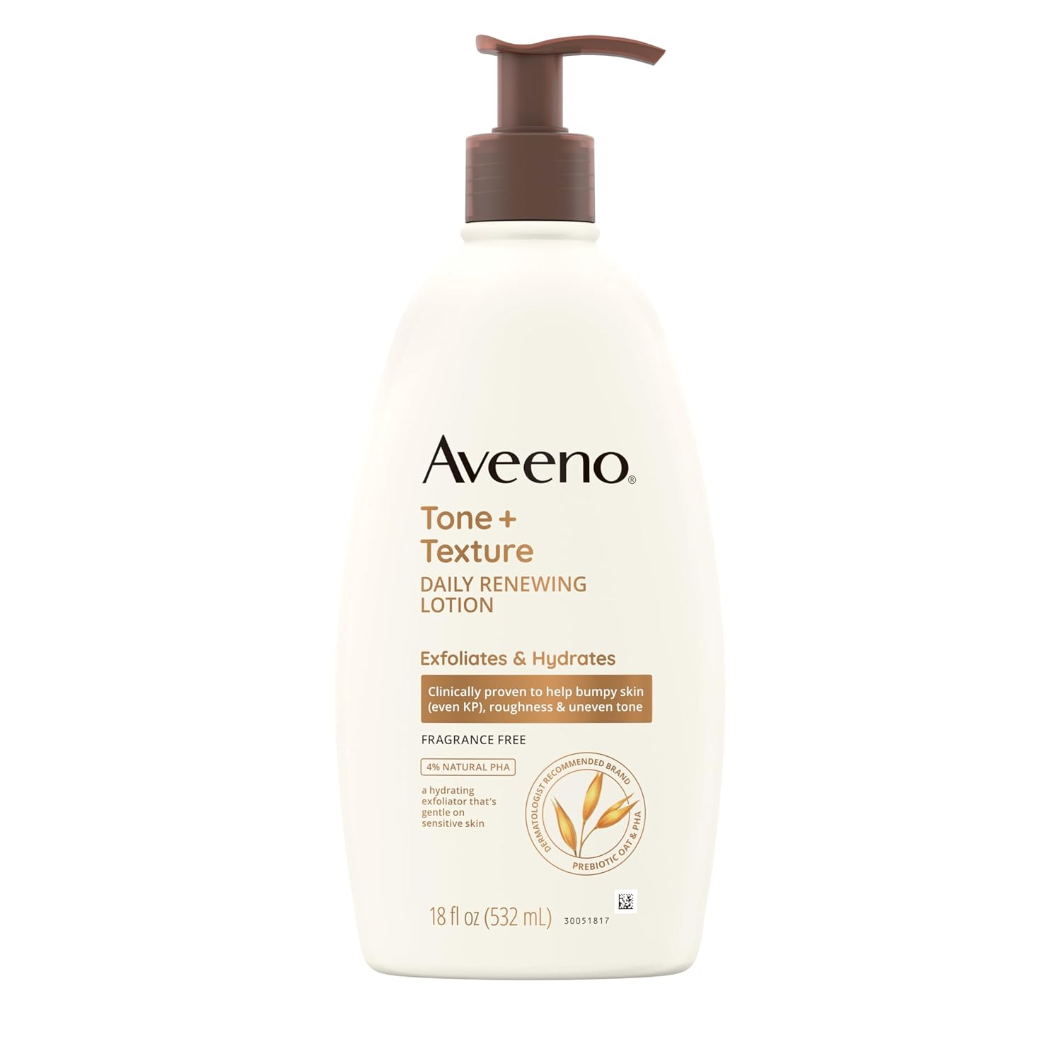 Aveeno Tone + Texture Daily Renewing Body Lotion With Prebiotic Oat Hydrates & Smooths Dry, Rough, Bumpy Skin Even Kp, Fragrance-Free, 18 Fl. Oz