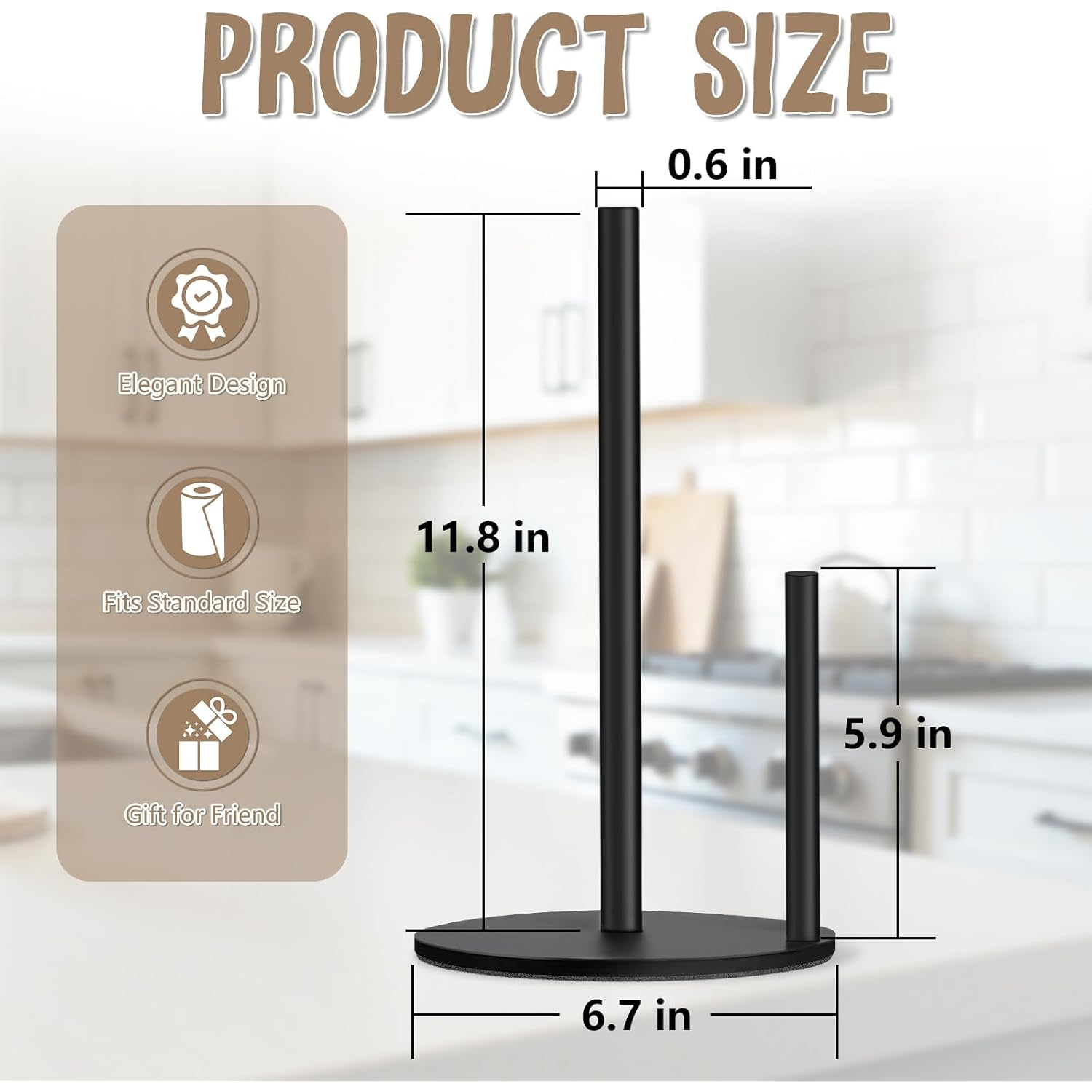 Paper Towel Holder Countertop, Premium Stainless Steel Black Paper Towel Holder with Anti Slip & Waterproof, Freestanding Countertop Paper Towels Holder for Kitchen, Tabletop, Bathroom