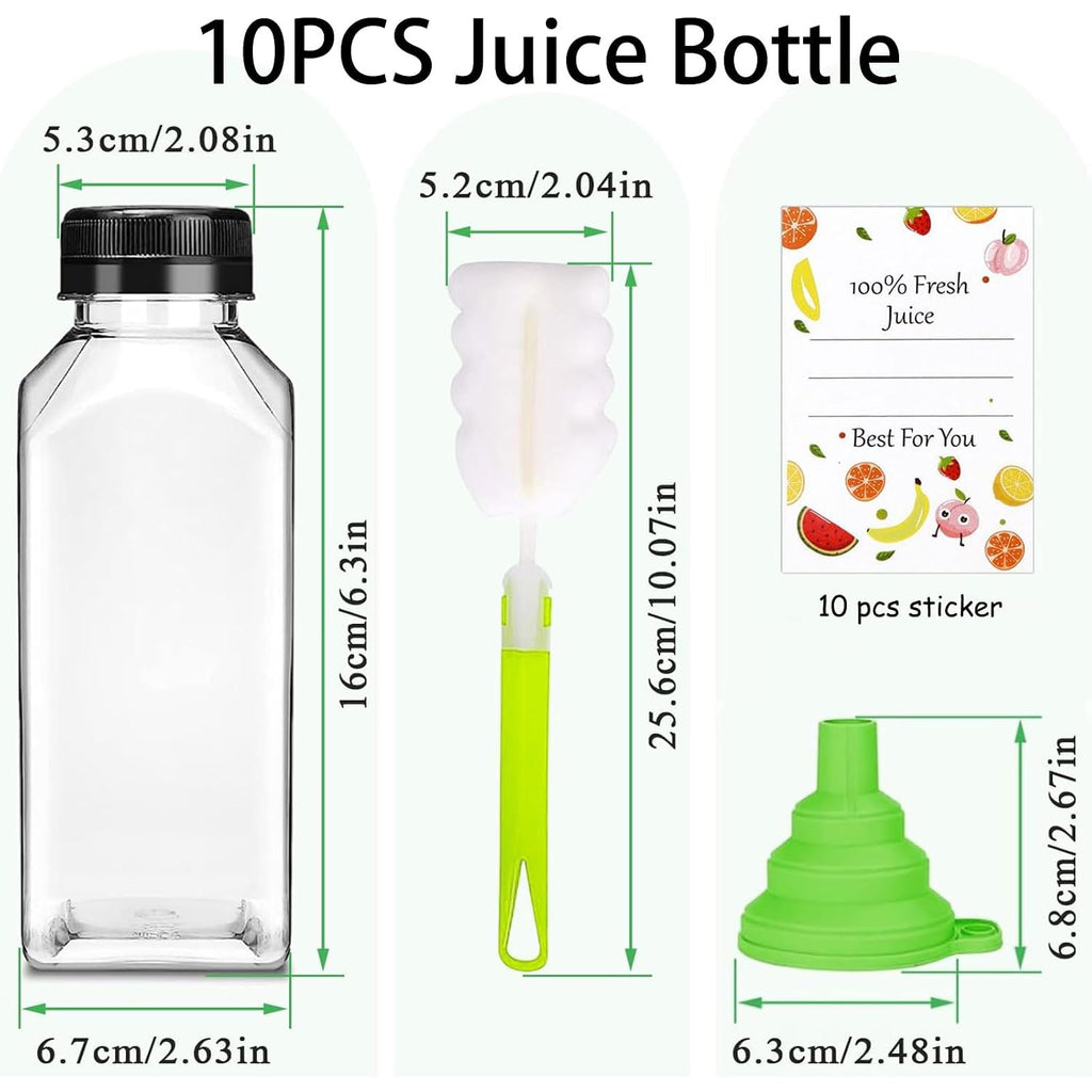 Plastic Juice Bottles With Caps 10Pcs 12Oz, Reusable Juice Containers With Black Tamper-Evident Lids, Clear Bottles For Juicing, Milk, Smoothie Bottle, Drinking With 10 Labels, Brush And Funnel