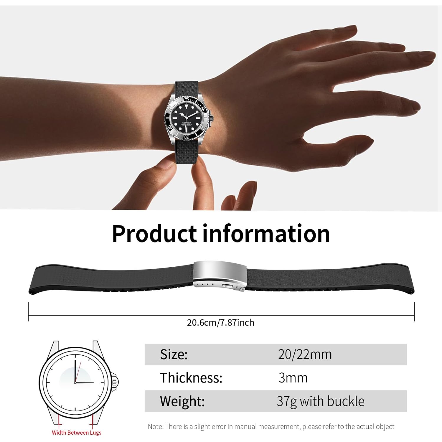 Fkm Rubber Watch Strap, Cut To Size Quick Release Fluororubber Watch Band Soft Replacement Watchband With Silver Milled Clasp For Men Women 18Mm 19Mm 20Mm 21Mm 22Mm