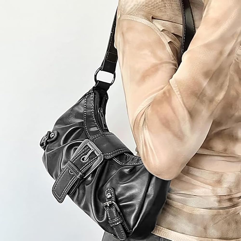 Y2K Trendy Purse For Women, Leather Buckle Punk Hobo Clutch Purses Bags For Ladies Top Handle Shoulder Bag