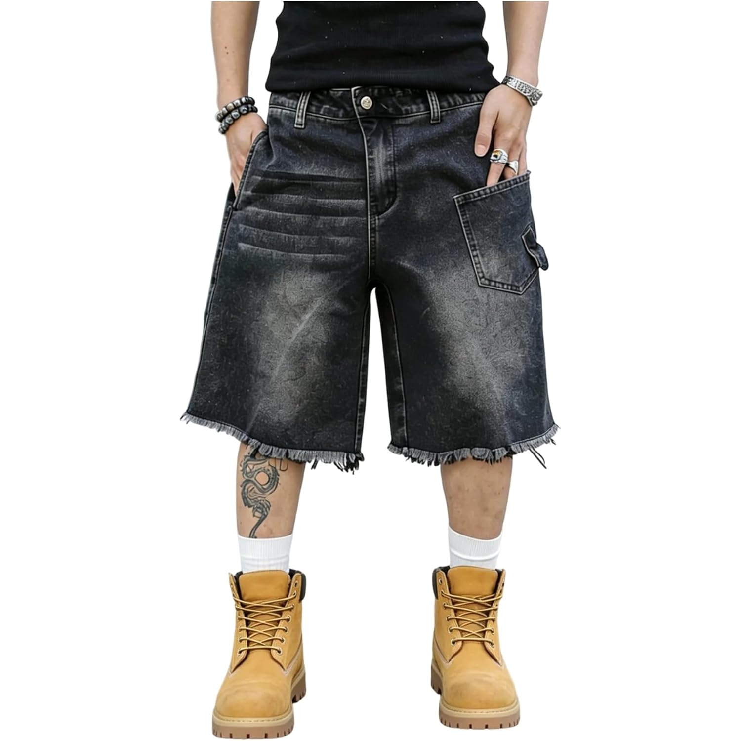 Shenhe Men'S Baggy Jean Shorts Y2K Jorts Wide Leg Frayed Raw Hem Vintage Bermuda Denim Shorts
