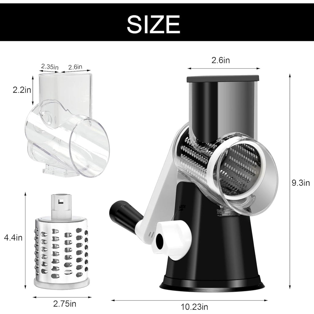 Cambom Rotary Cheese Grater Hand Crank Cheese Shredder For Fresh Cheese, Vegetable, Nuts,Non-Slip Suction Base, Three Blades, Black