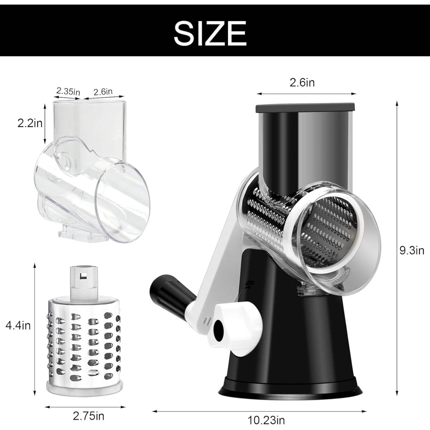 Cambom Rotary Cheese Grater Hand Crank Cheese Shredder For Fresh Cheese, Vegetable, Nuts,Non-Slip Suction Base, Three Blades, Black