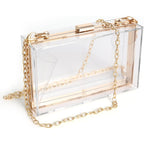 WJCD Clear Acrylic Crossbody Purse - Stadium Approved Box Clutch with Gold Chain, Small Transparent Evening Bag for Women | Premium Acrylic, Stadium Approved, Gold Chain Strap, Easy to Clean