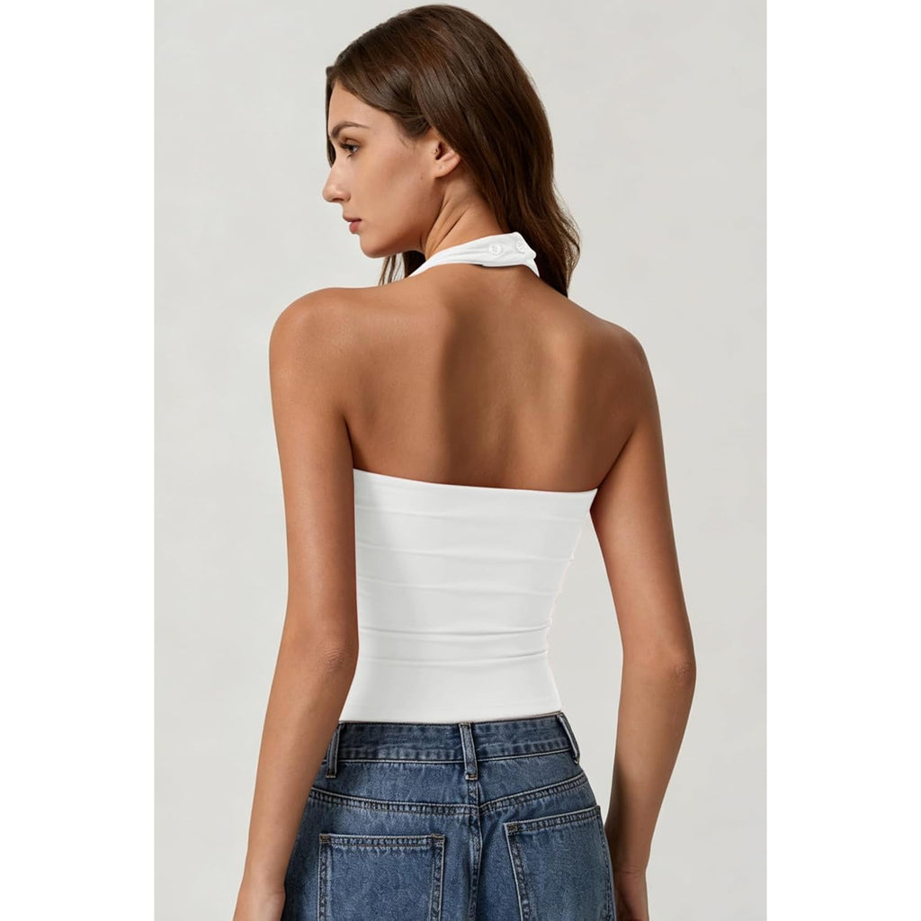 QINSEN Women's Backless Halter Tank Top Button Closure Square Neck Double Line Casual Daily Top Going Out Cami