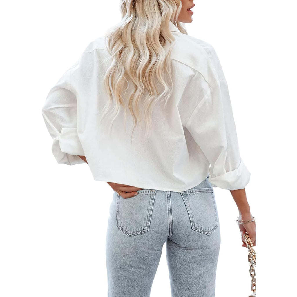 Tankaneo Womens Button Down Cropped Shirts Long Sleeve Casual Crop Tops Solid Lapel Blouse Shirt With Chest Pocket