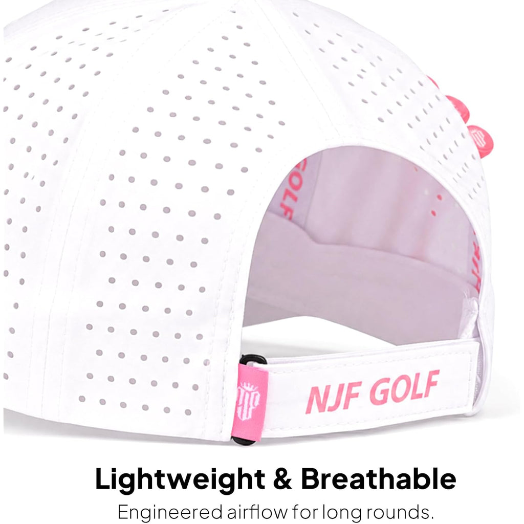 NJF Golf Adjustable Golf Cap for Women – Breathable Hat with Magnetic Ball Marker & Tee Holders, Lightweight Golf Hat White Pink