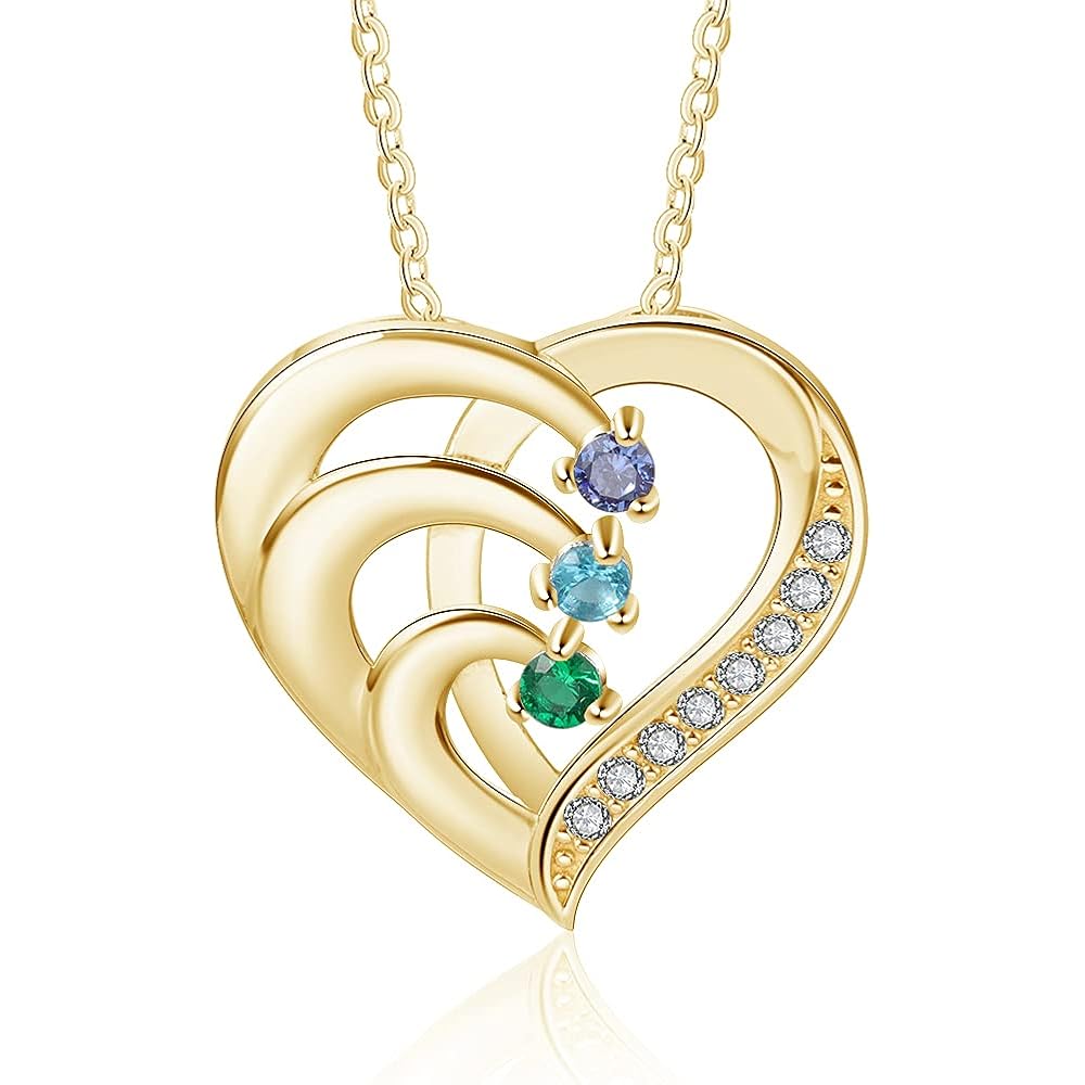 Jeweidea Personalized Sterling Silver Heart Necklace with Simulated Birthstones Custom Name Mother Daughter Promise Pendant for Women Mom Her