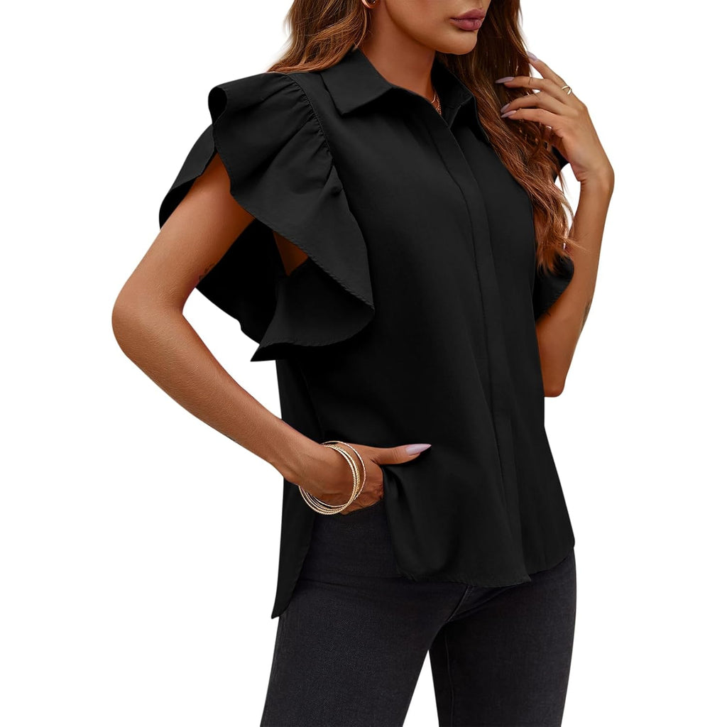 Womens Ruffle Button Down Shirts Cute Summer Short Sleeve Tops Blouse