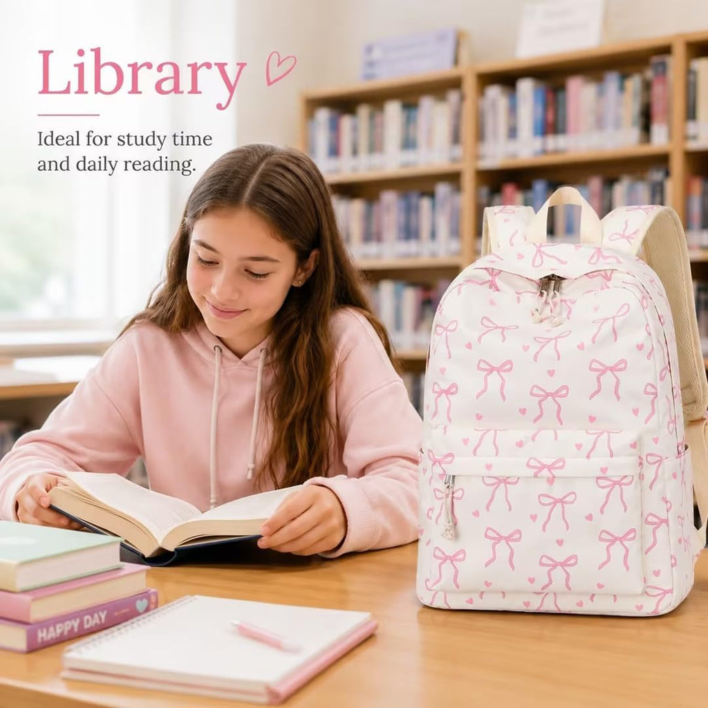 Backpack For Girls School Backpacks Bookbags For Elementary Middle School Women Laptop Backpacks (Bow Tie Beige, L-17)