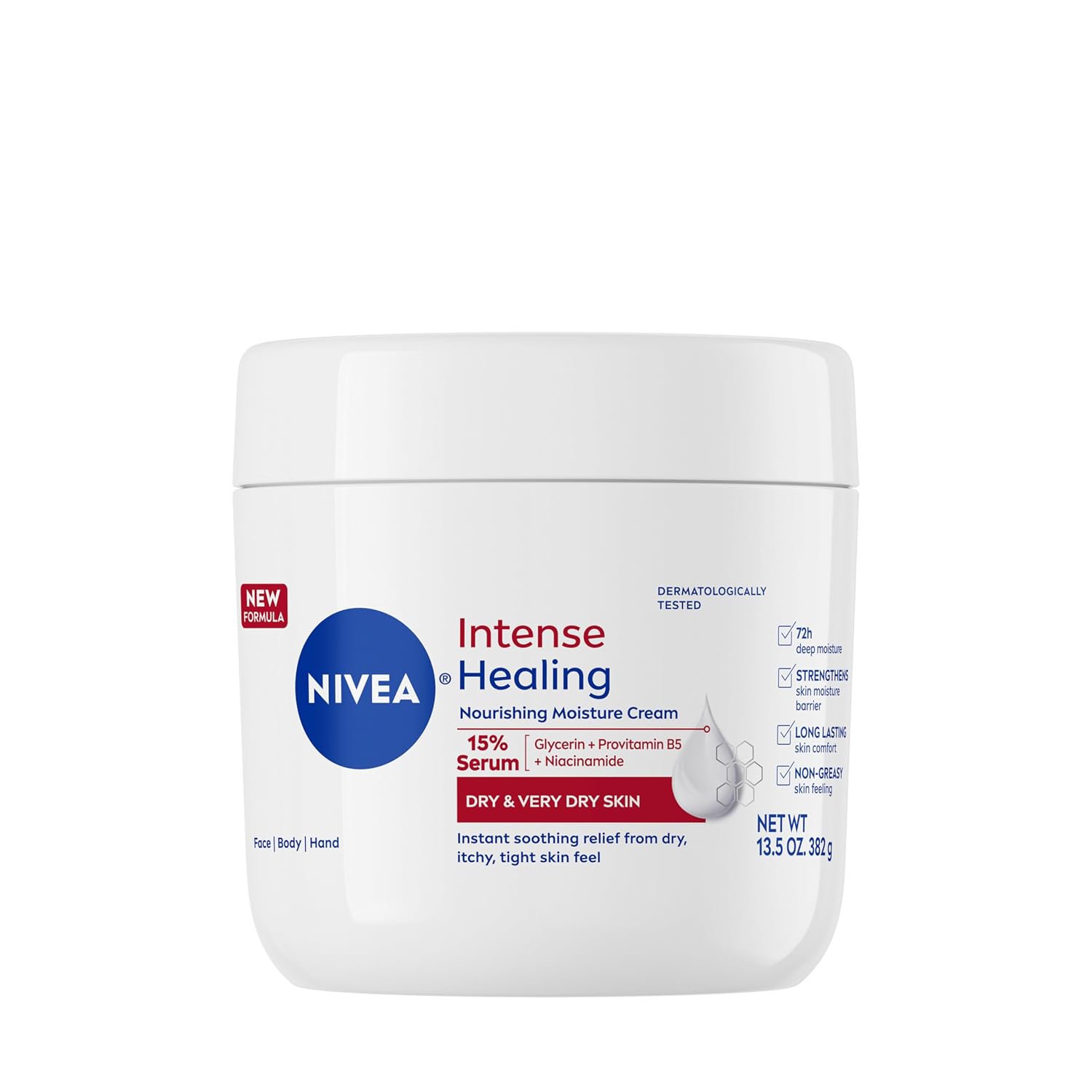 Nivea Intense Healing Body Cream For Dry Skin With Glycerin, Provitamin B5 And Niacinamide, 72-Hour Moisture, Non-Greasy Body Moisturizer Immediately Soothes Dry, Itchy Skin Feeling, 13.5 Oz Jar