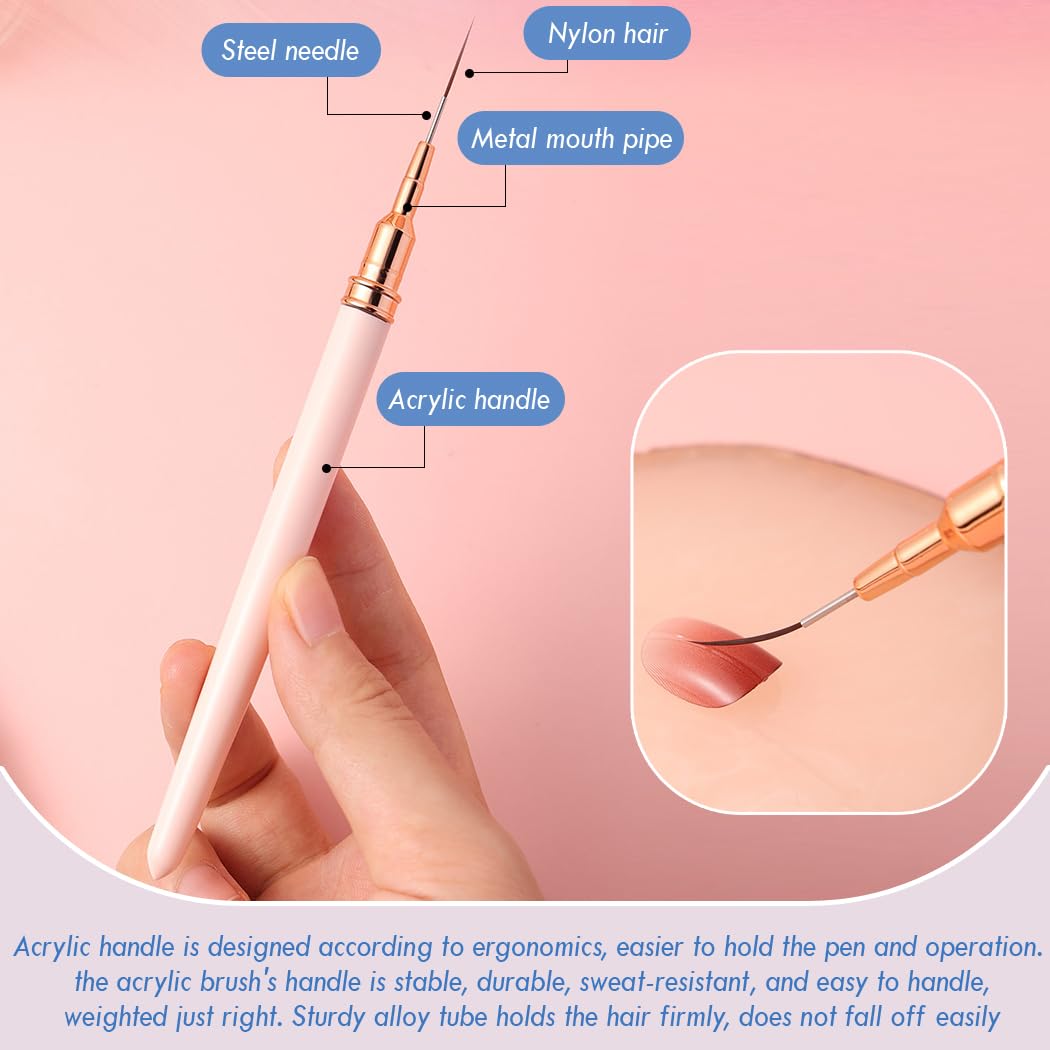 Nail Art Liner Brushes, 5Pcs Gel Polish Painting Art Design Pen Set Striping Brushes for Thin Long Lines, Tiny Details, Fine Drawing, Delicate Coloring Sizes 7/9/11/15/25mm