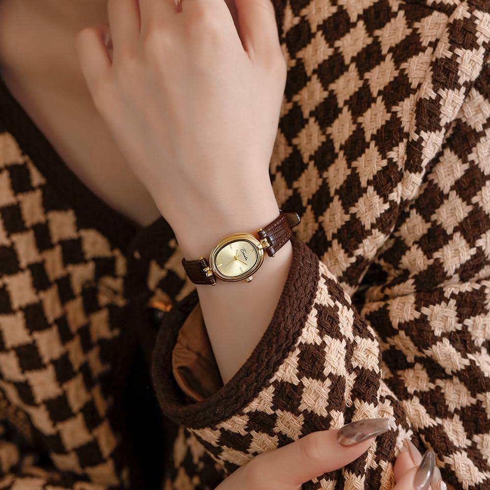 Womens Fashion Small Gold Oval Quartz Watches Vintage Leather Band Waterproof Luxury Casual Ladies Bracelet Wrist Watch Brown Black