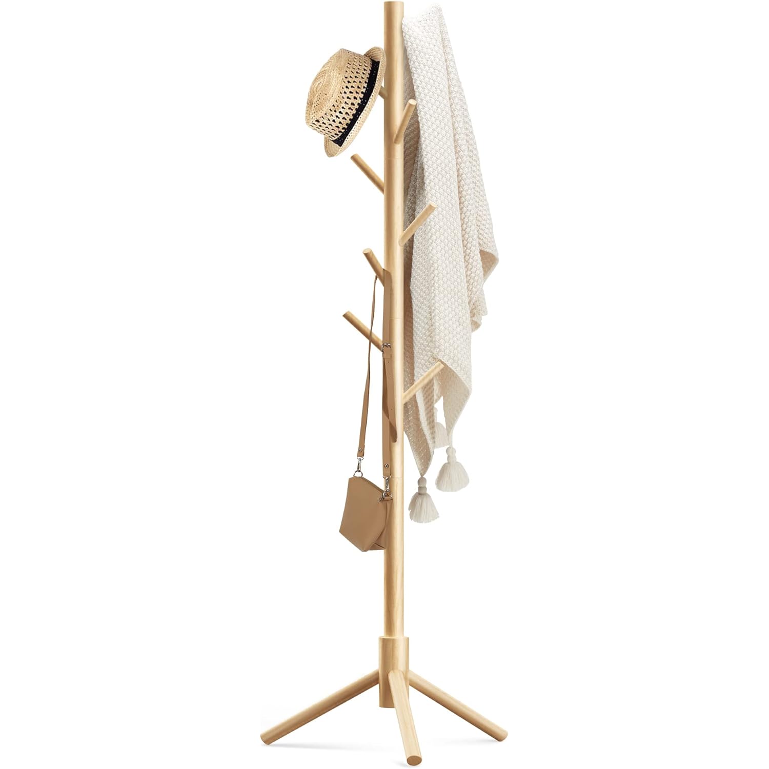 Haddockway Wooden Coat Rack Stand with 8 Hooks New Zealand Pine 3 Adjustable Coat Standing Tree Easy Assembly for Coats, Hats, Scarves and Handbags for Entryway, Hallway, Bedroom, Office