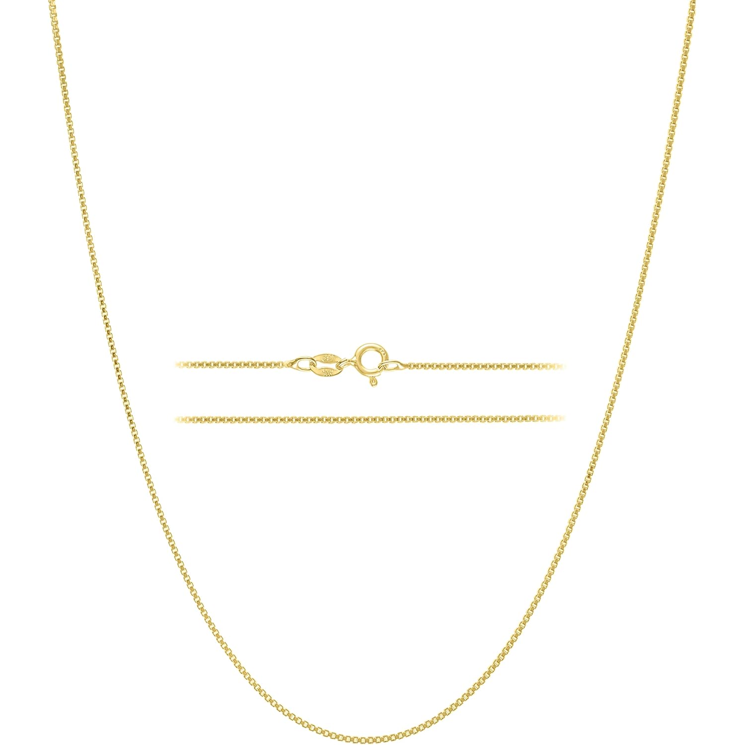 KISPER Italian 18K Gold Plated 925 Sterling Silver Diamond Cut Box Link Chain Necklace – for Women & Men with Spring Ring Clasp – Made in Italy