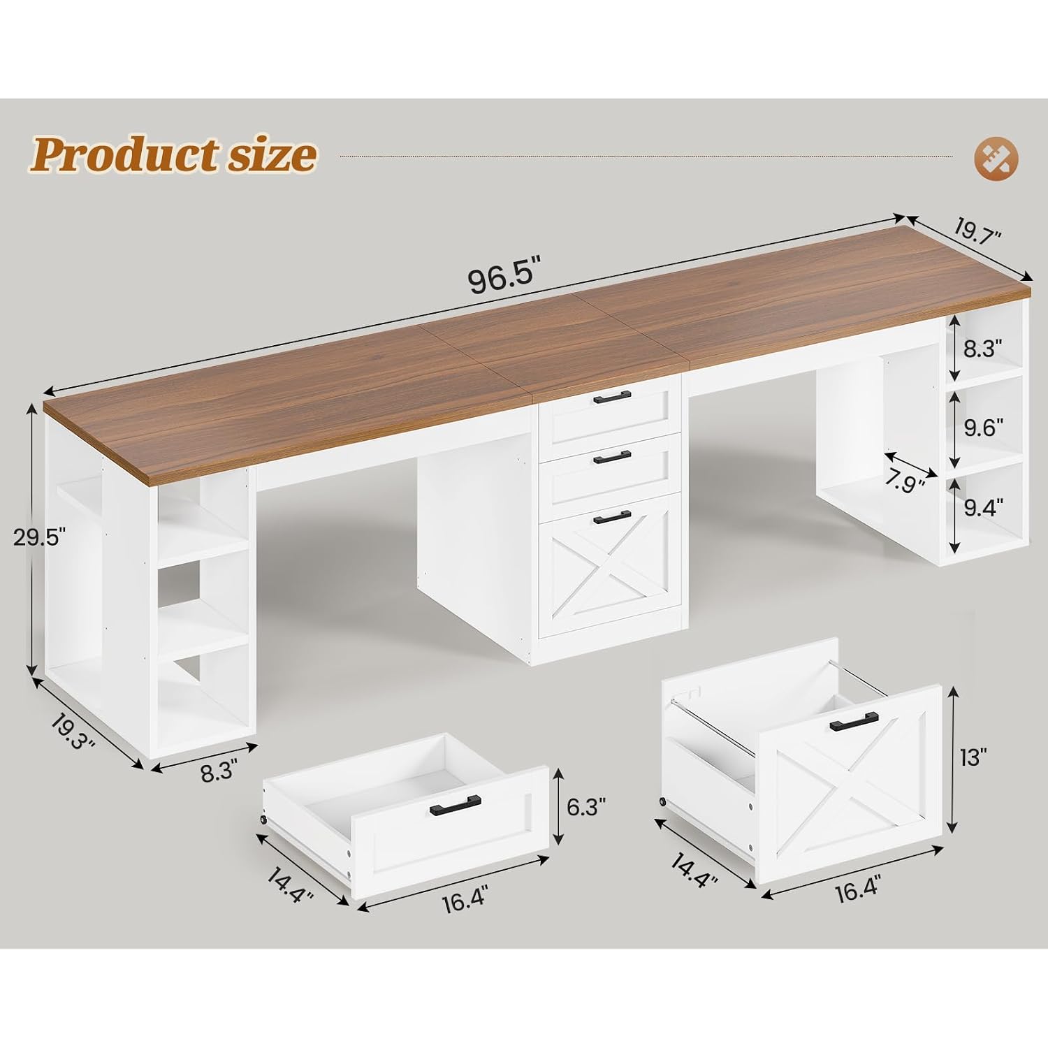 Sedeta Farmhouse 96.5" Computer Desk With Drawers, 2 Person Home Office Desk, Gaming Double Desk With Storage Shelves, Long Two Person Writing Desk (White And Brown)