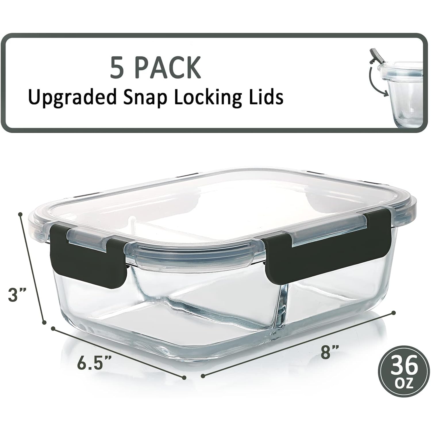 M Mcirco [5-Pack,36 Oz] Glass Meal Prep Containers 2 Compartments Portion Control With Upgraded Snap Locking Lids Glass Food Storage Containers, Microwave, Oven, Freezer And Dishwasher (4.5 Cups)