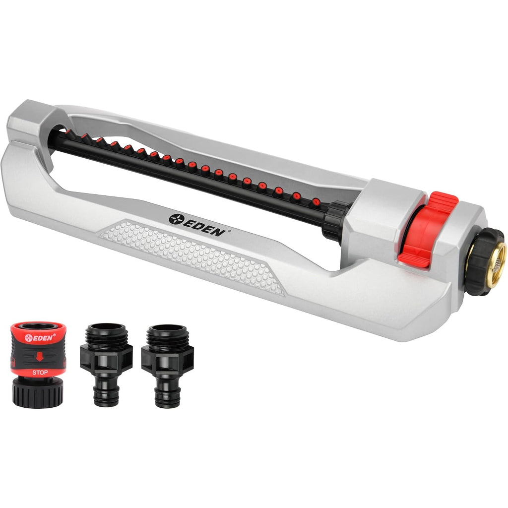 Eden 94110 Heavy-Duty Metal Oscillating Sprinkler | Covers Up To 3,315 Sq. Ft., 18 Precision Nozzles, Adjustable Range, Turbo Drive Motor, Quick Connect Bundle
