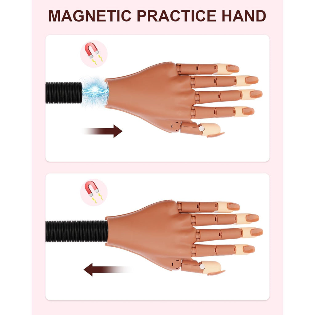 Practice Hand for Acrylic Nails, Flexible Nail Practice Hands Magnetic Fake Hands for Nails Practice, Movable Nail Mannequin Hand with 200PCS Nail Tips for Beginners