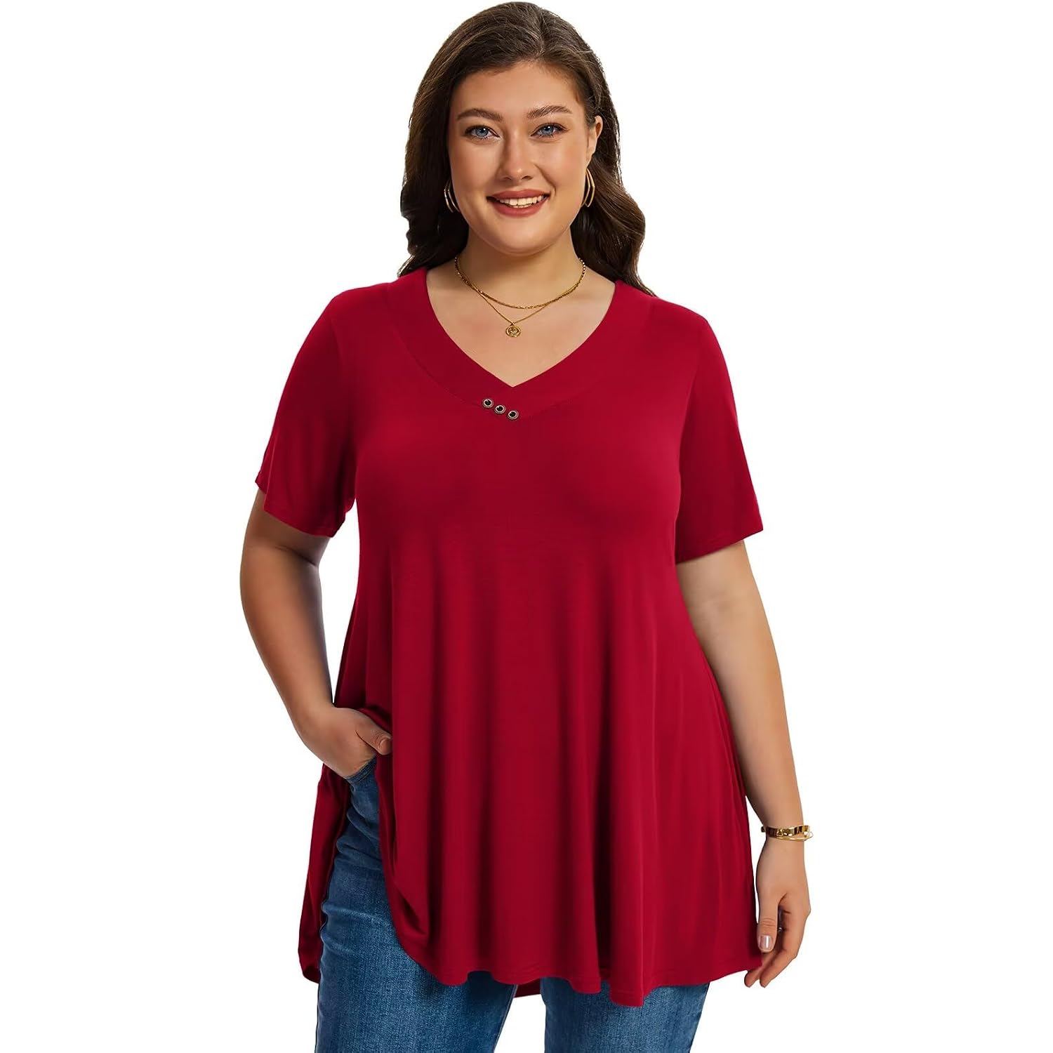 LARACE Plus Size Tops for Womens T Shirts Button Down Summer Clothes Short Sleeve Tunics Casual V Neck Blouses