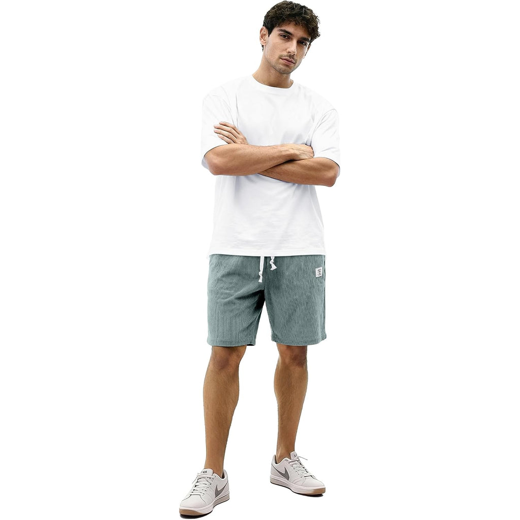 Mens Corduroy Shorts Casual 7 Inch Elastic Waist Drawstring Summer Beach Loose Fit Shorts