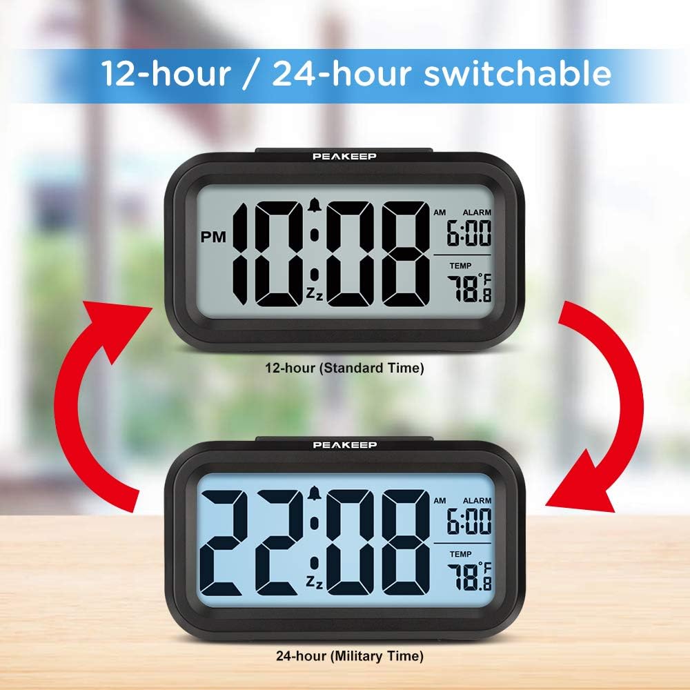 Peakeep Night Light Digital Alarm Clock Battery Operated Indoor Temperature | Small Cordless Cute Clock For Bedroom Desk Travel, Simple To Use For Teens Kids (Black)