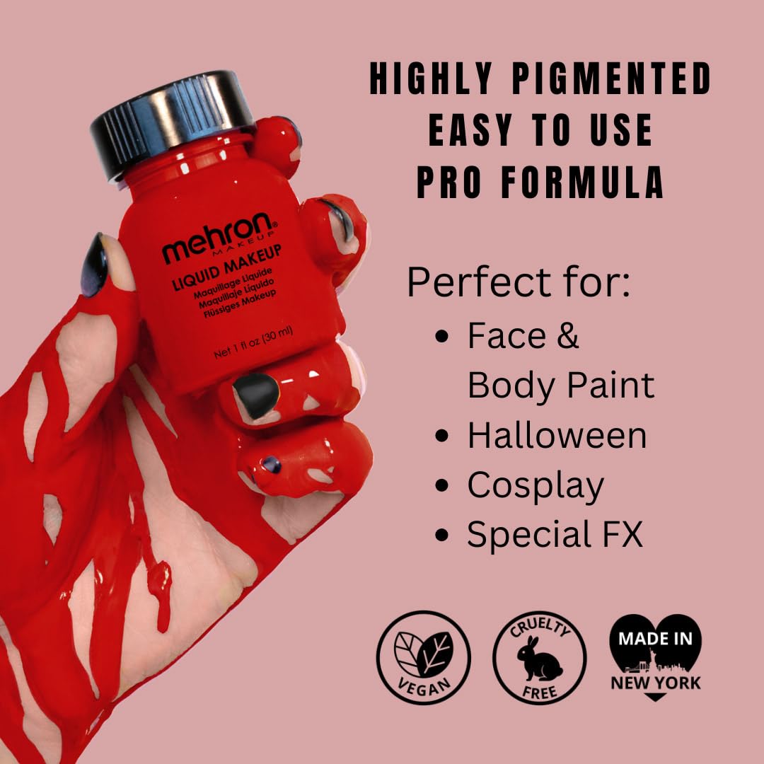 Mehron Makeup Liquid Makeup | Face Paint and Body Paint Perfect for Halloween, Cosplay I Air Brush Compatible Body Paint (1 oz) (RED)