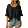 Cicy Bell Womens Oversized Crop T-Shirts Summer V Neck Short Sleeve Tops Casual Loose Fit Curved Hem Boxy Tee Shirt