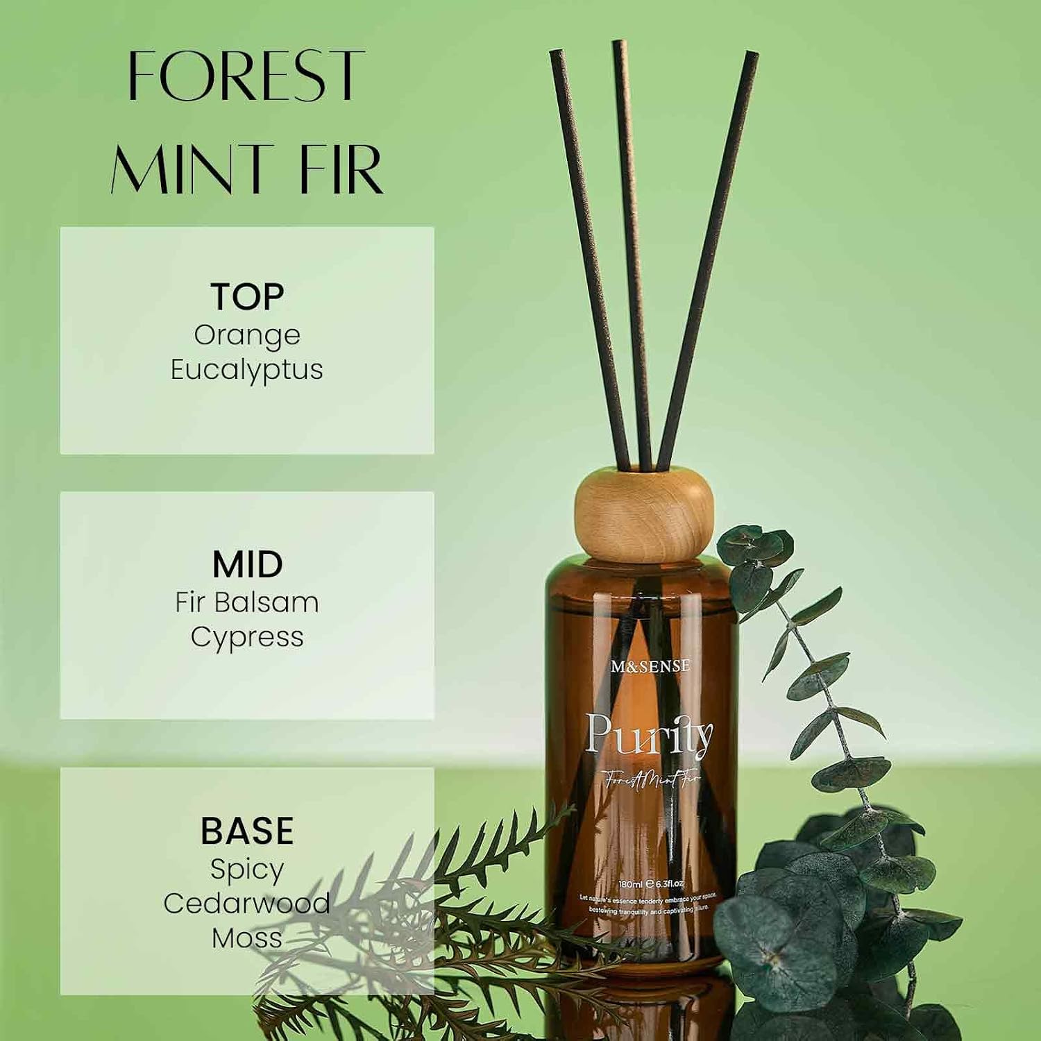 M&Sense Reed Diffuser Set, Forest Mint Fir Scented 6.3 Fl Oz Natural Essential Oil Diffusers With Sticks, Non-Toxic Organic Air Freshener, Long-Lasting Fragrance Oils For Home Office Bathroom Bedroom