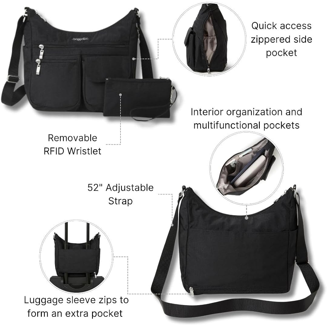 Baggallini womens Everywhere Bagg Crossbody Women 11x9 Lightweight Nylon Hobo Water-resistant Travel Bag W/Rfid
