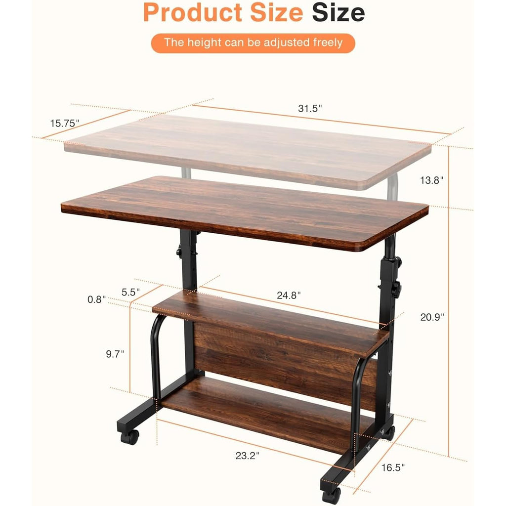 QZMDSM Portable Rolling Desk on Wheels Adjustable Height Desks for Small Spaces, 32" Computer Desk Drafting Tables with Storage Shelves for Home Office Rustic
