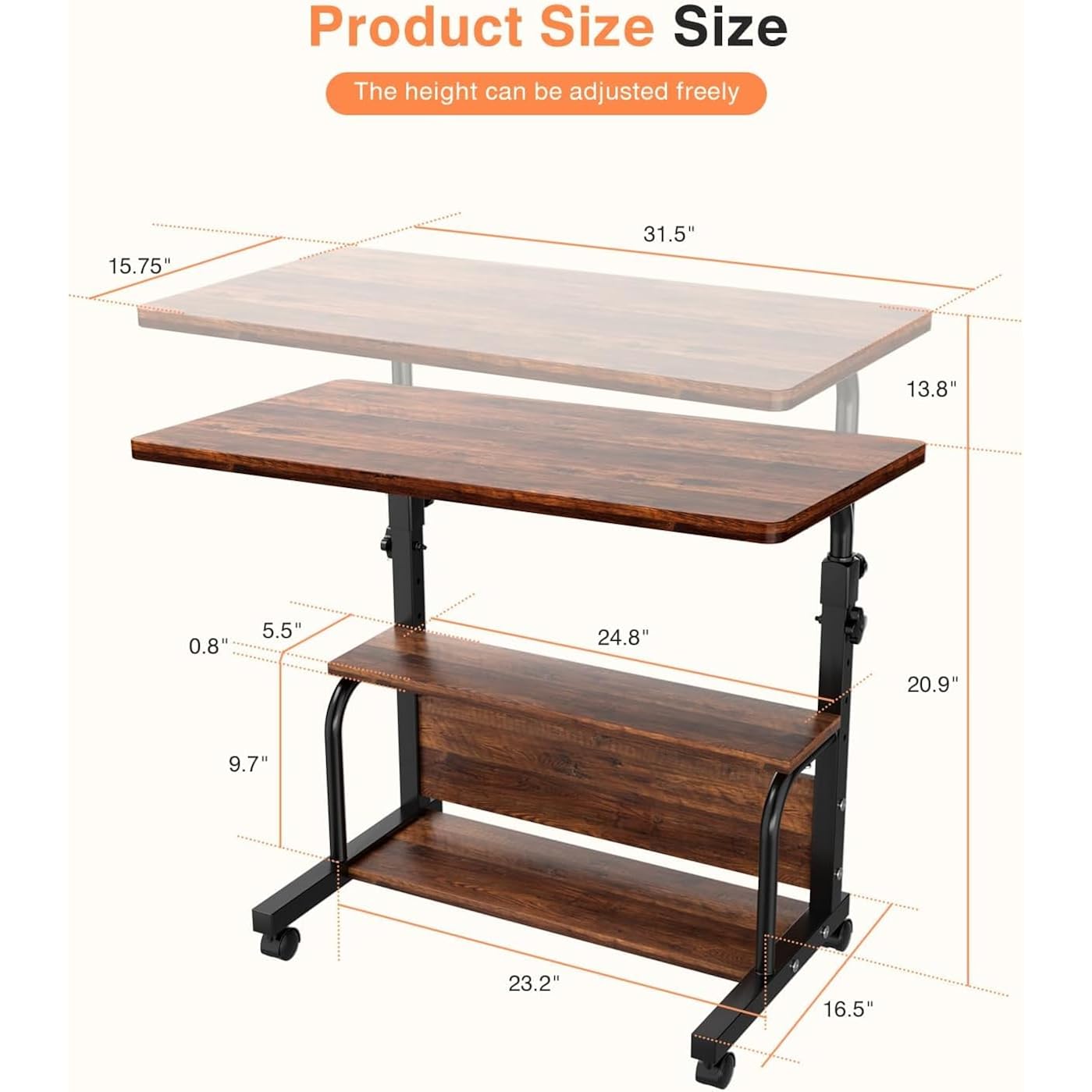 QZMDSM Portable Rolling Desk on Wheels Adjustable Height Desks for Small Spaces, 32" Computer Desk Drafting Tables with Storage Shelves for Home Office Rustic