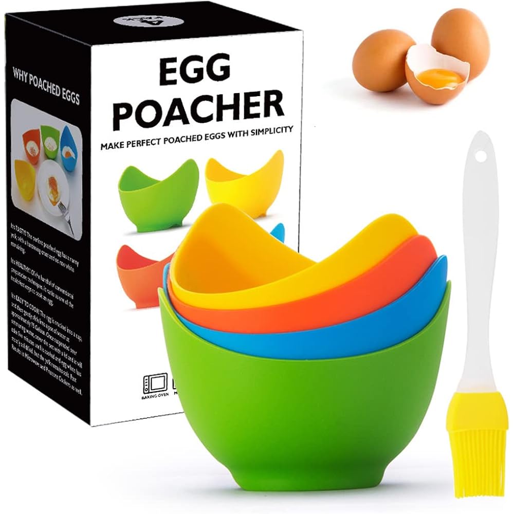 YomiFamily 4 Pack Silicone Egg Poacher Cups with Ring Standers, Nonstick Egg Poaching Cups for Air Fryer, Baking oven or Stovetop Cooking, BPA Free