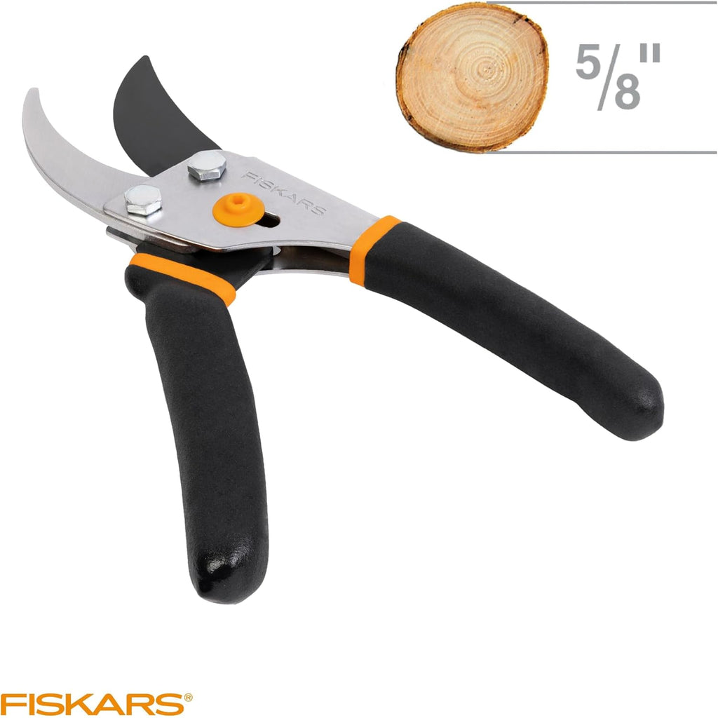 Fiskars Bypass Pruning Shears, 5/8" Cut Capacity Gardening Scissors, Self-Cleaning Sap Groove Prevents Sticking, Non-Slip Grip For Cutting Stems & Branches, Sharp Steel Blades W/ Low-Friction Coating