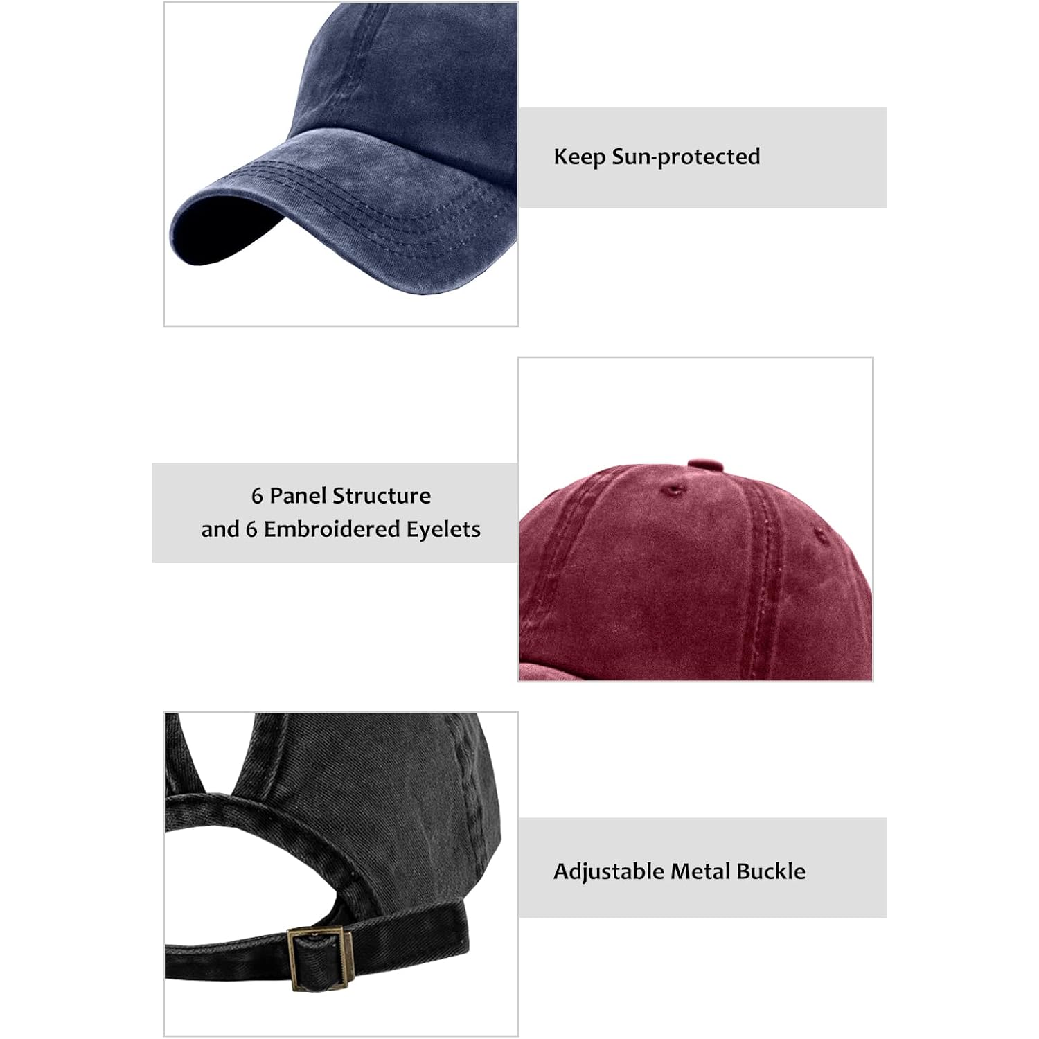 Womens Vintage Washed Distressed Baseball-Cap with Ponytail Hole Sport Golf Hat