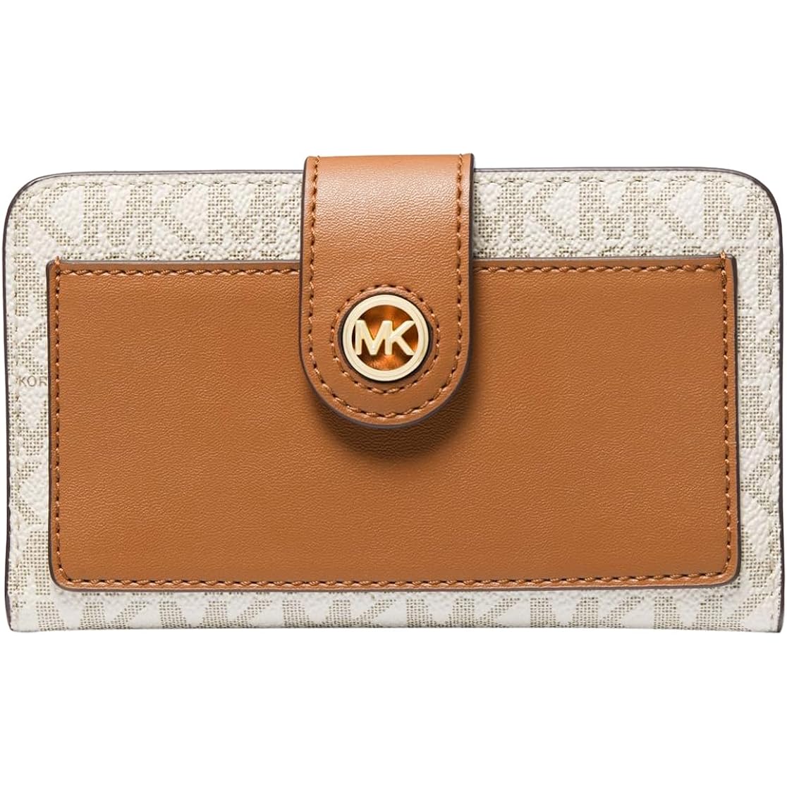 Michael Kors Women's MK Charm Medium Tab Pocket Bifold, Gold-Tone Hardware/Vanilla/Acorn