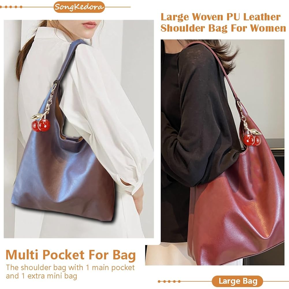 Vegan Hobo Bag Cherry Leather Shoulder Purse Slouchy Designer Crossbody Bag For Women Retro Tote Handbag