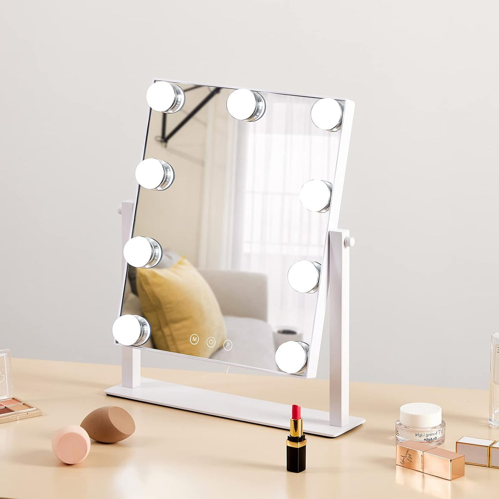 Hieey Hollywood Vanity Mirror With Lights, Makeup 9 Dimmable Bulbs Three Color Lighting Modes, And 5X Magnification Mirror, Smart Touch Control, 360°Rotation (White)