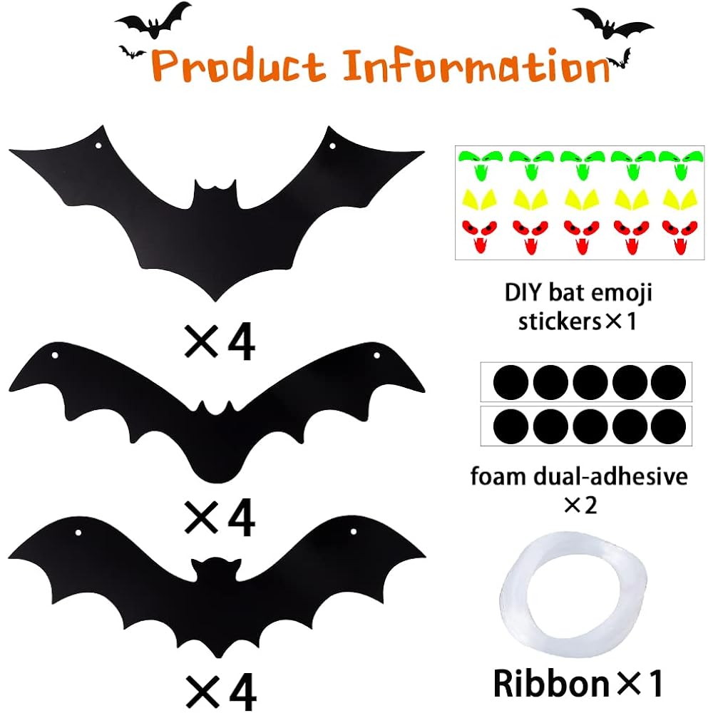 Yujun Halloween Hanging Bats 12 Pieces 3D Realistic Scary Large Fake Black Hanging Flying Bat Spooky For Yard Sign Outdoor Indoor Lawn Decorations(3 Style)