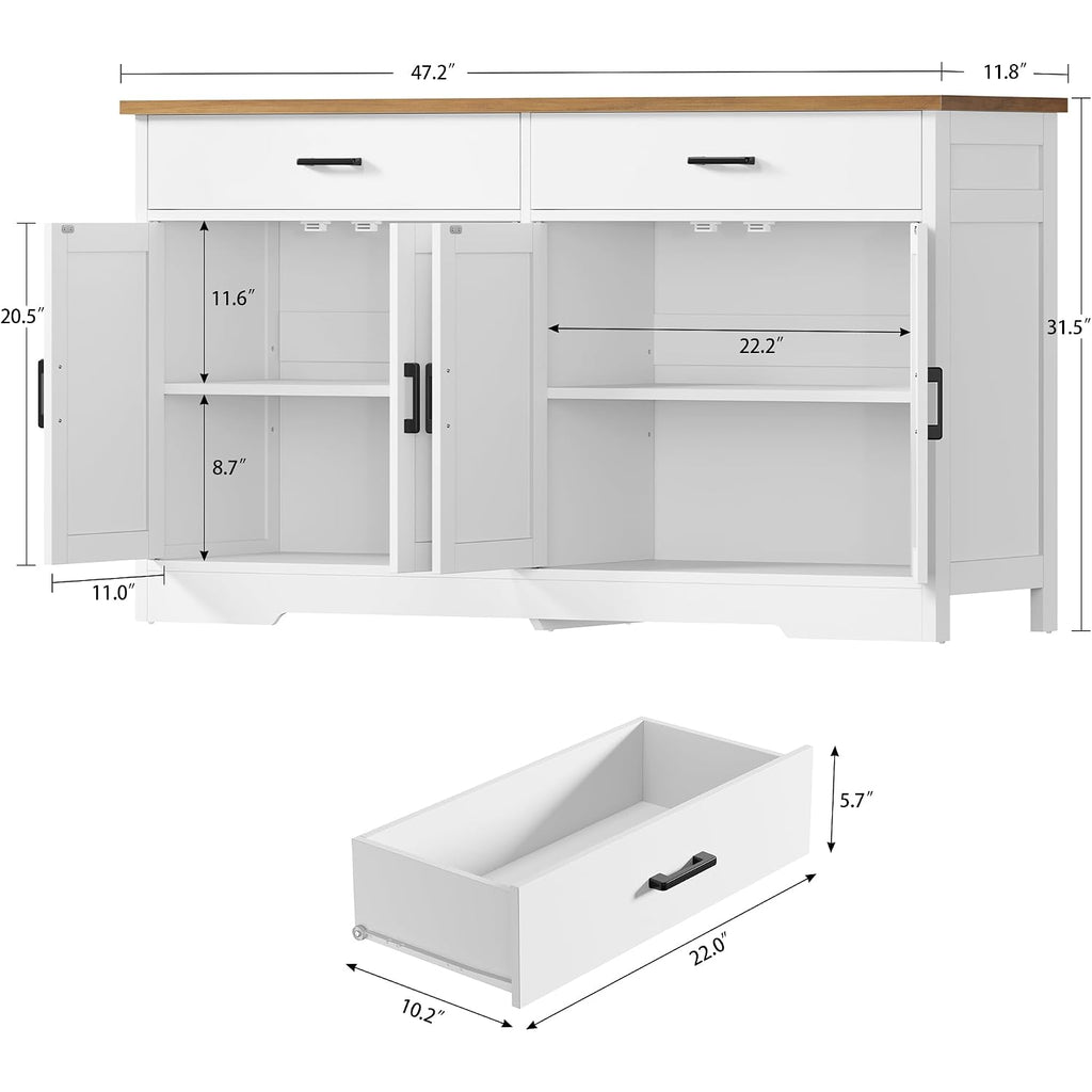 Buffet Cabinet With Storage And 2 Drawers, 47.2“ Large Sideboard Buffet Cabinet With Adjustable Shelves And Doors, Modern Coffee Bar Cabinet, White