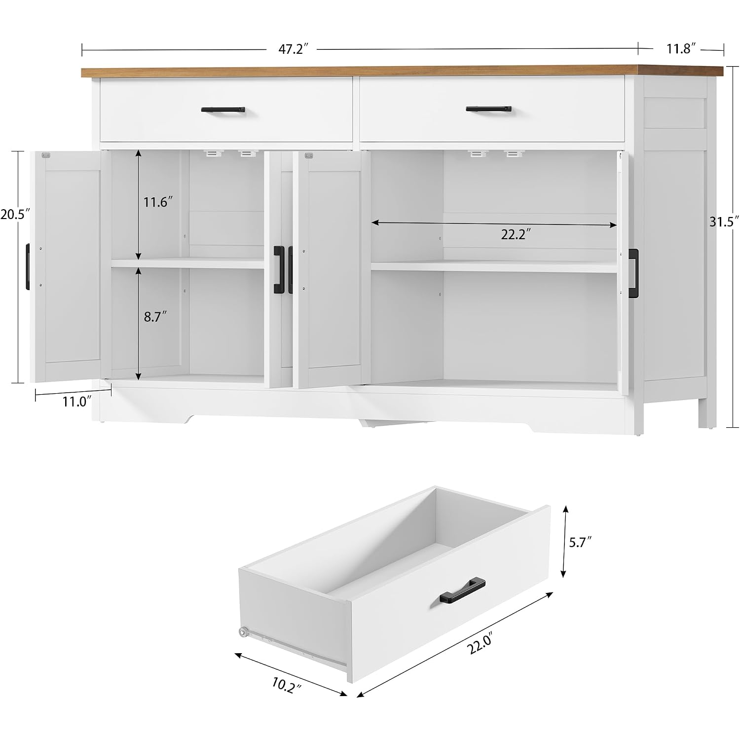 Buffet Cabinet With Storage And 2 Drawers, 47.2“ Large Sideboard Buffet Cabinet With Adjustable Shelves And Doors, Modern Coffee Bar Cabinet, White