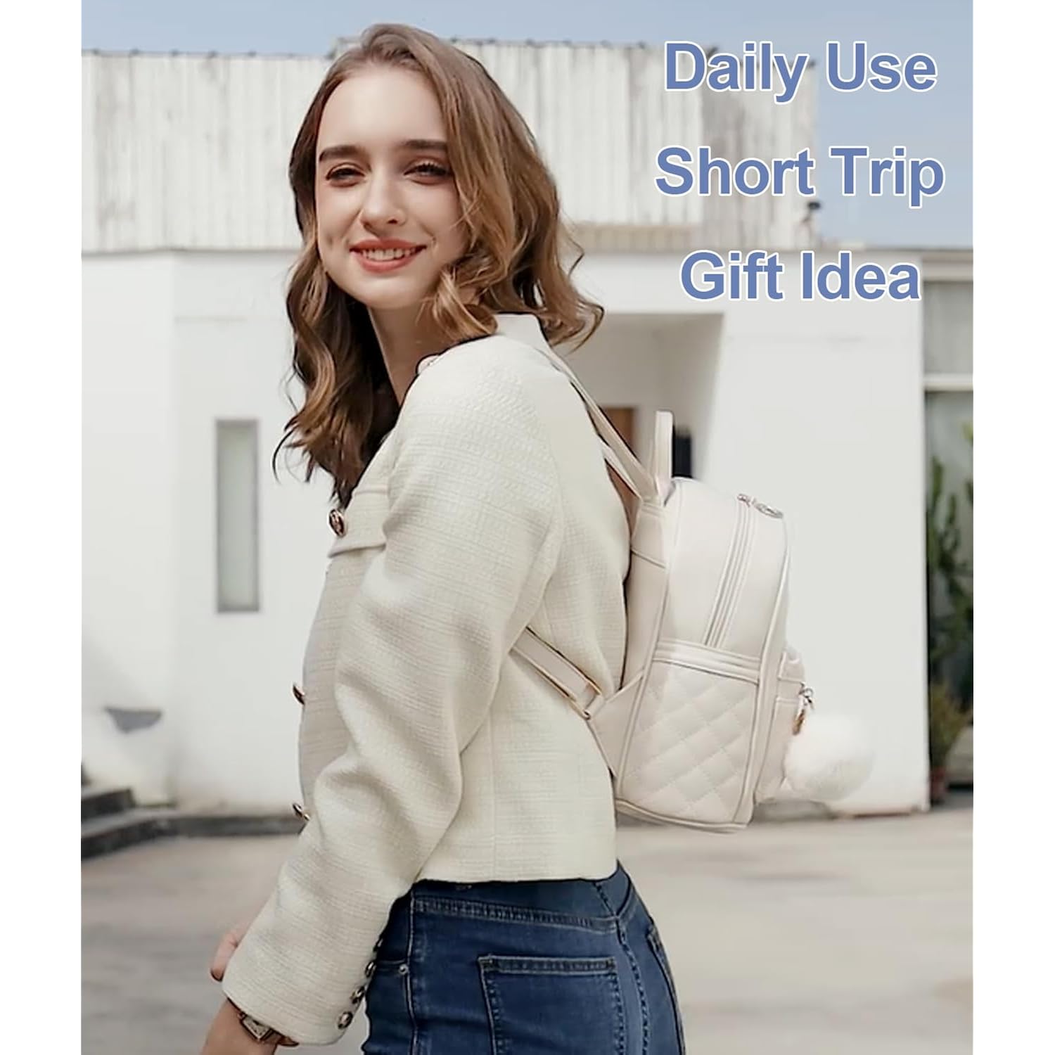 Girls Fashion Mini Backpack Purse Small Cute Plaid Leather Women Backpacks Little Bag (Ivory)